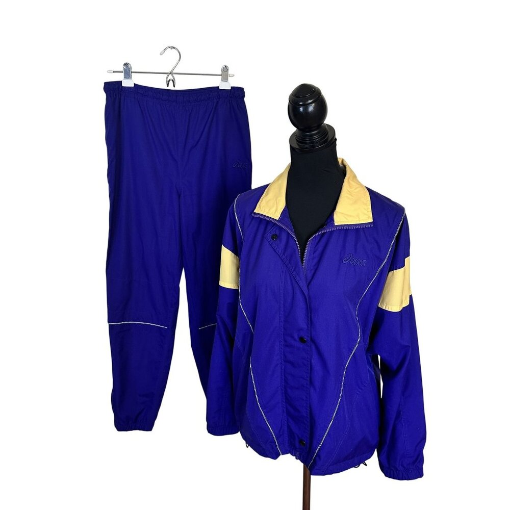 Vtg Asics Womens Tracksuit Purple Nylon Poly Medium Zip Up Pants 80s Fashion